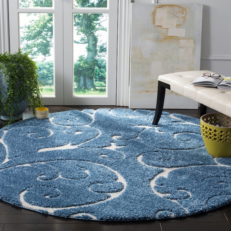 SAFAVIEH Florida Shag Shahin Scroll 1.2-inch Thick Textured Rug - 6'7" Round - Light Blue/Cream