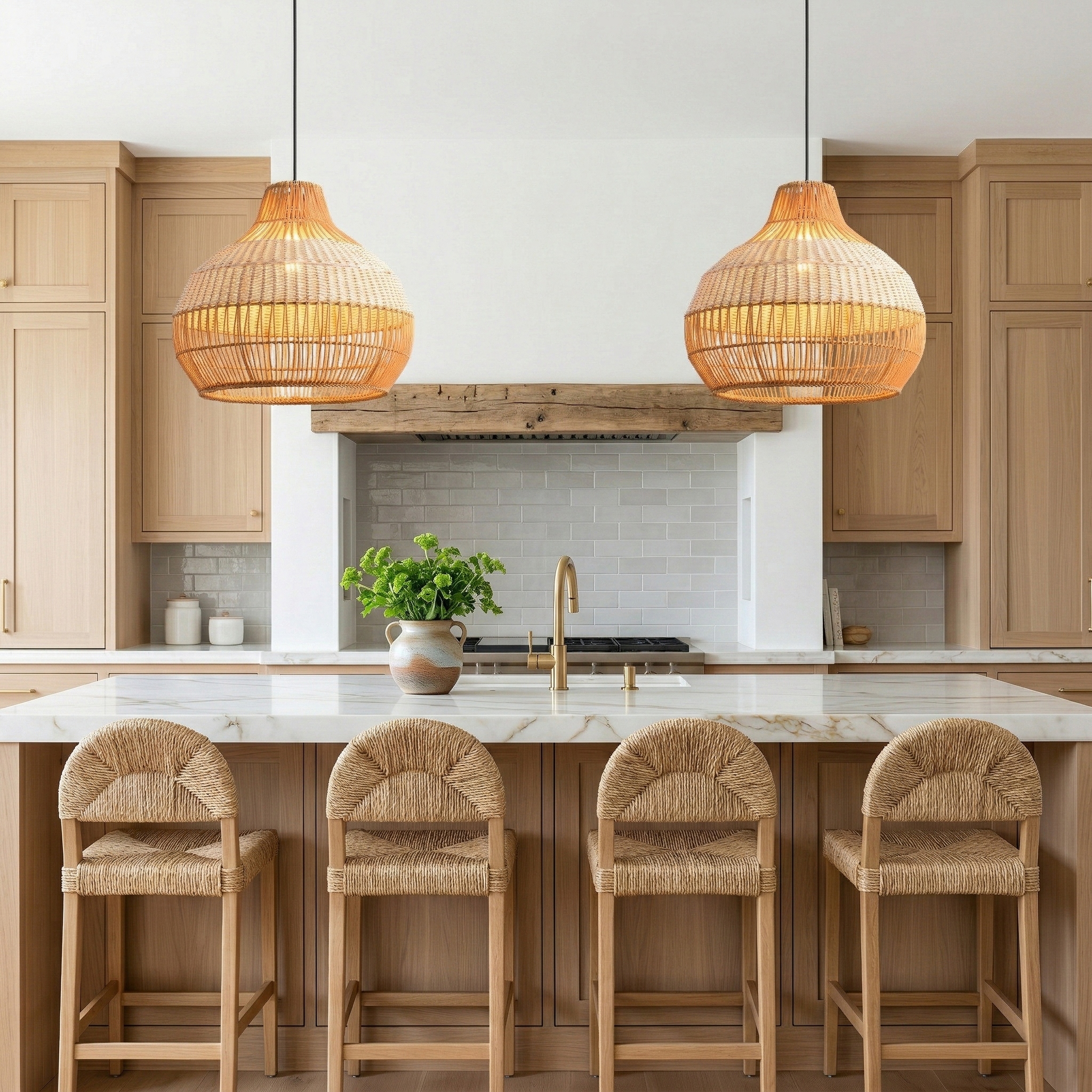 17" Bohemian Round Woven Wicker Adjustable Pendant Light Chandelier for Dining Room