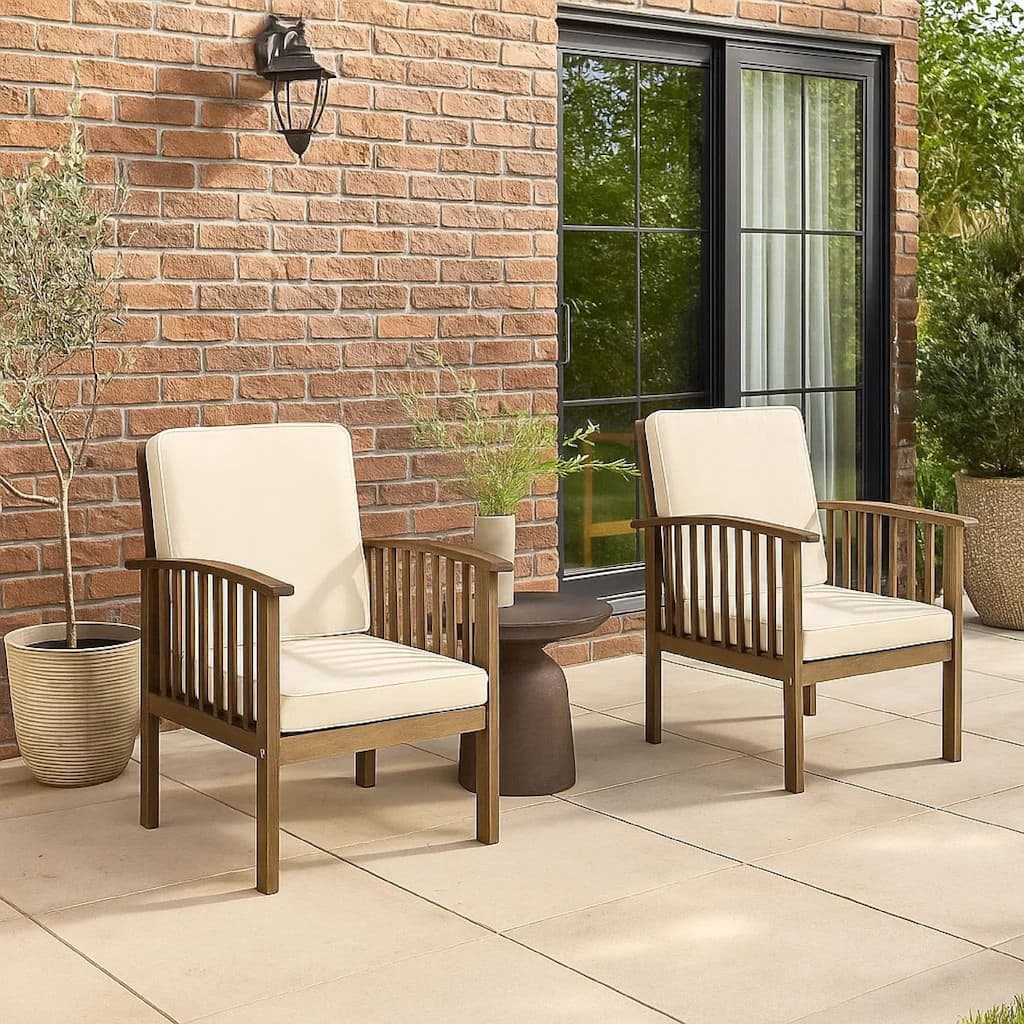 Gerry Outdoor Club Chair Set of 2, Cream Cushions, Slatted Dark Brown