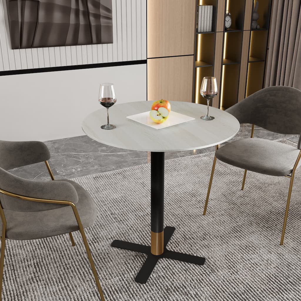 Vail 27" Round Solid Wood Top Dining Table with Black Stainless Steel Cross Legs and Gold Accent Base for Cafés and Home