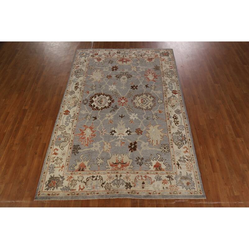 Hand Knotted Oriental 100% Wool Carpet Transitional All-Over Greys & Charcoal Oushak Area Rug - 8' 9'' X 5' 9''