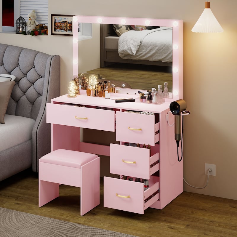 Vanity Desk Makeup Table Light Strip Mirror Dressing - 35.4"L x 15.7"W x 53.5"H - Pink