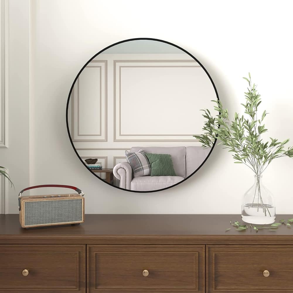 GDFStudio - Lucent Modern Round Bathroom Vanity Decorative Mirror with Statement Scale Design & Metal Frame