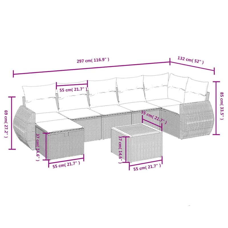 vidaXL Patio Sofa Set with Cushions Outdoor Furniture 8 Piece Poly Rattan - 24.4" x 24.4" x 27.2"