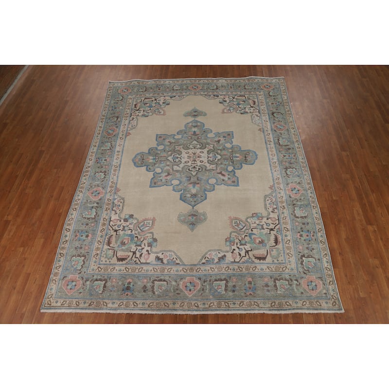 Geometric Beige Tabriz Persian Vintage Rug Hand-Knotted Wool Carpet - 8'3" x 11'0"