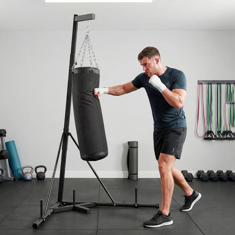 Soozier Punching Bag with Stand for Adults, 72.8"-90.9" Height Adjustable Freestanding Boxing Stand with Canvas Sandbag - Black