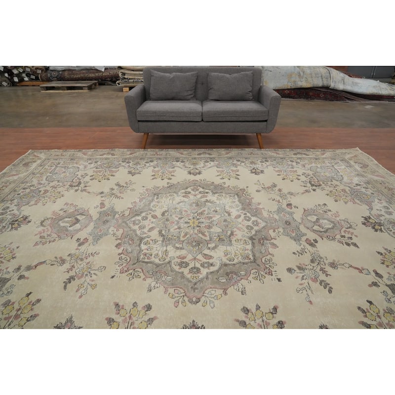 Hand Knotted Oriental 100% Wool Carpet Traditional Floral Beige & Ivories Tabriz Area Rug - 12' 3'' X 10' 0''