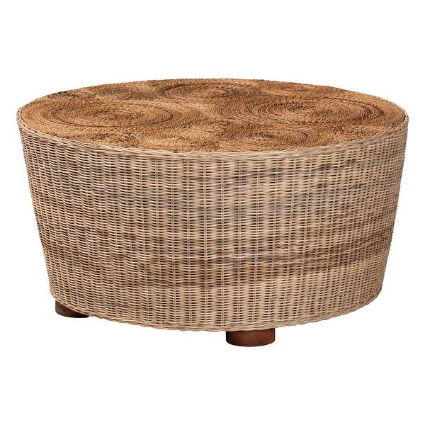 slide 2 of 8, Hosanna Natural Rattan Coffee Table - Handwoven Wicker Accent Table with Textured Spiral Top for Living Room Natural Brown/Walnut Brown