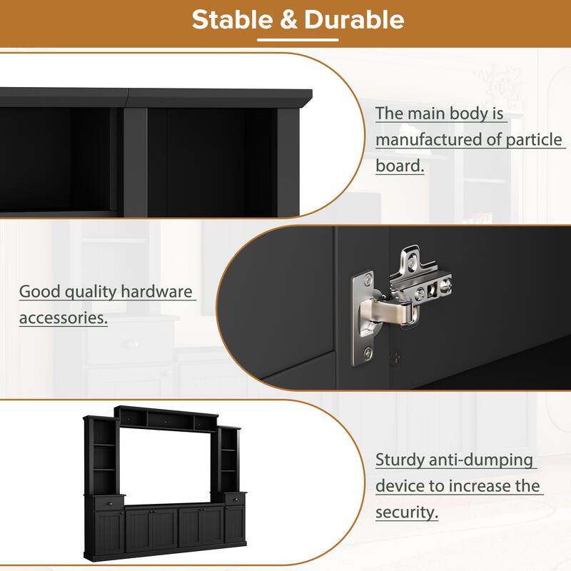 Modern Wall Unit Set for TVs Up to 75" with Adjustable Bridge & Ample Storage - Includes Bookcase, Wine Rack & Display Case