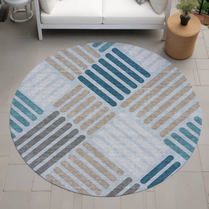 Machine Washable Indoor/ Outdoor Modern Weave Chantille Rug - Teal - 8' x 8'