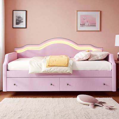 Twin/Full Size Upholstered Daybed with LED Lights, 2 Storage Drawers, Velvet Frame, No Box Spring Required