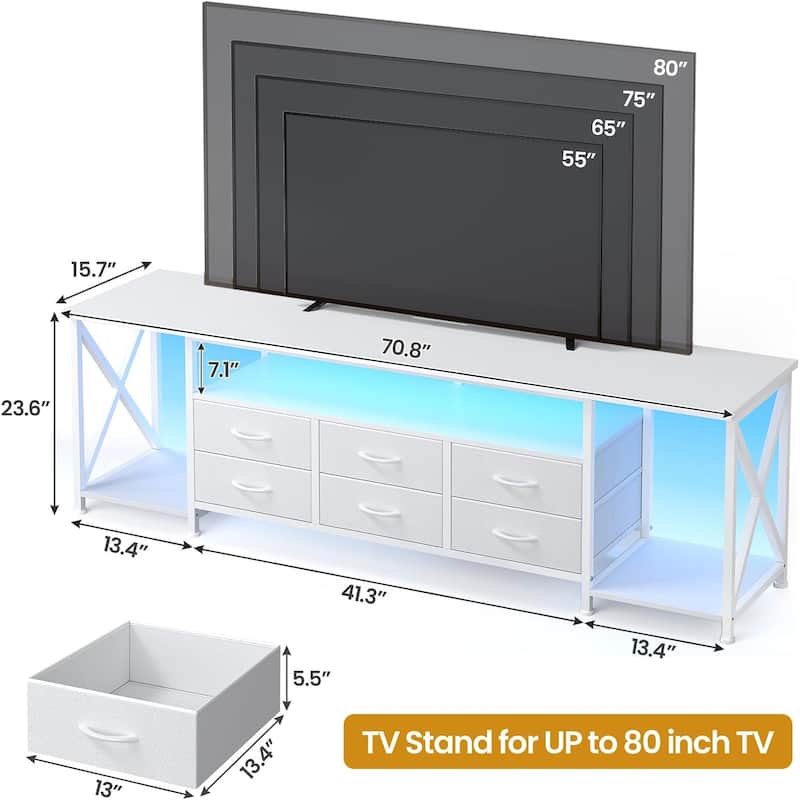 TV Stand with LED Lights Power Outlets Dresser Fabric Drawers Entertainment Center