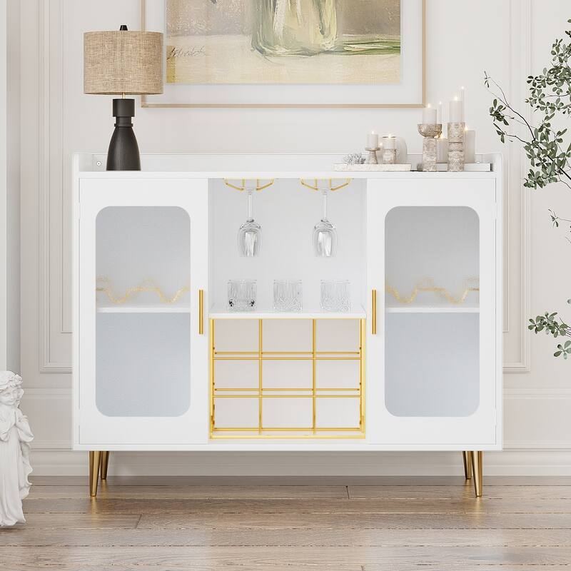 Modern Farmhouse Bar Cabinet with Charge Station and LED Light - White
