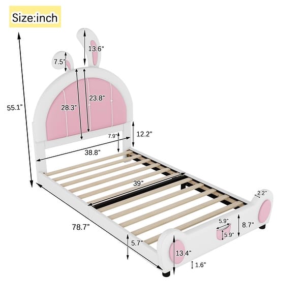 dimension image slide 1 of 2, Twin Size Upholstered Platform Bed with Rabbit Shaped Headboard, Pine Wooden Bed with Support Slat for Bedroom, White