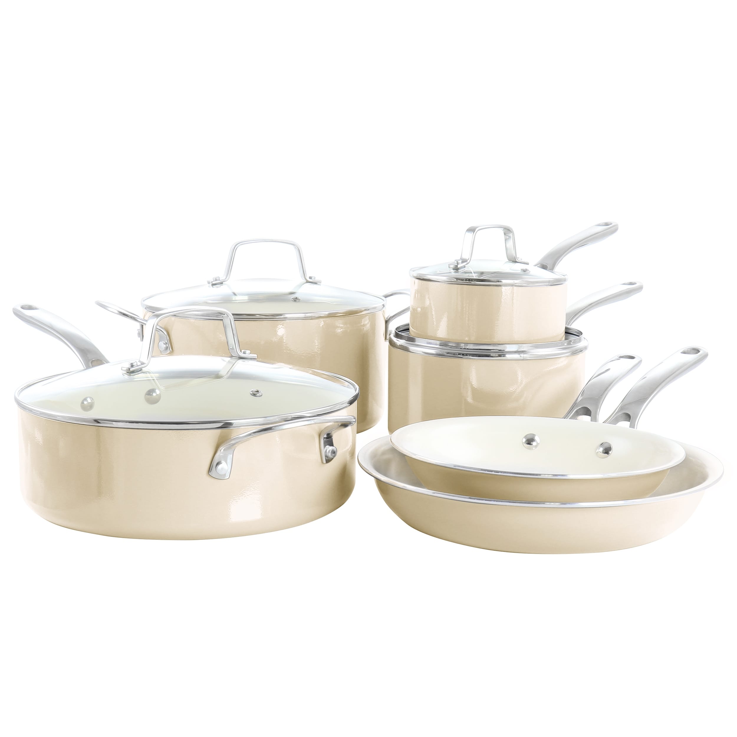 10 Piece Enameled Heavy Gauge Aluminum Ceramic Nonstick Cookware Set in Butter Cream - Beige