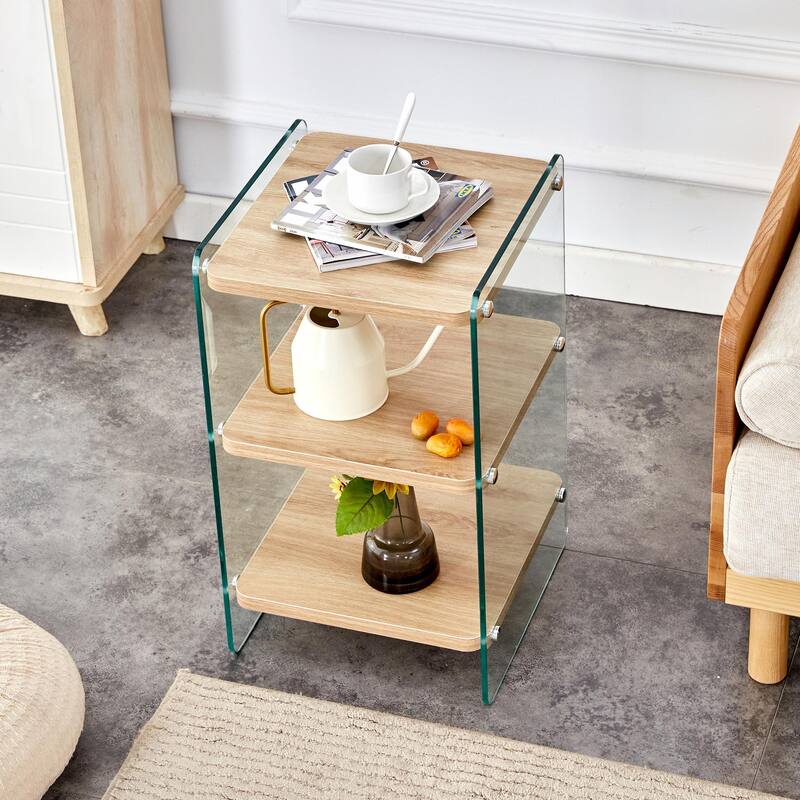 3-Tier Glass Bedside Table, Modern Nightstand with Storage