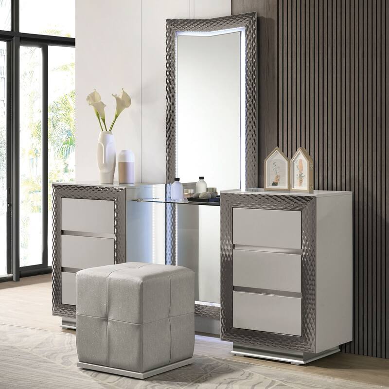 Furniture of America Urene Glam Grey Wood 6-Drawer Vanity Set with LED and Stool - Grey