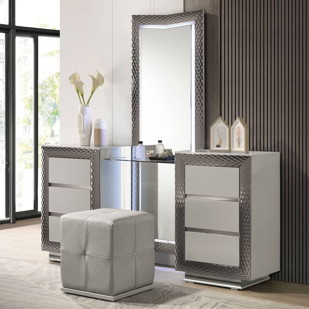 Furniture of America Urene Glam Grey Wood 6-Drawer Vanity Set with LED and Stool
