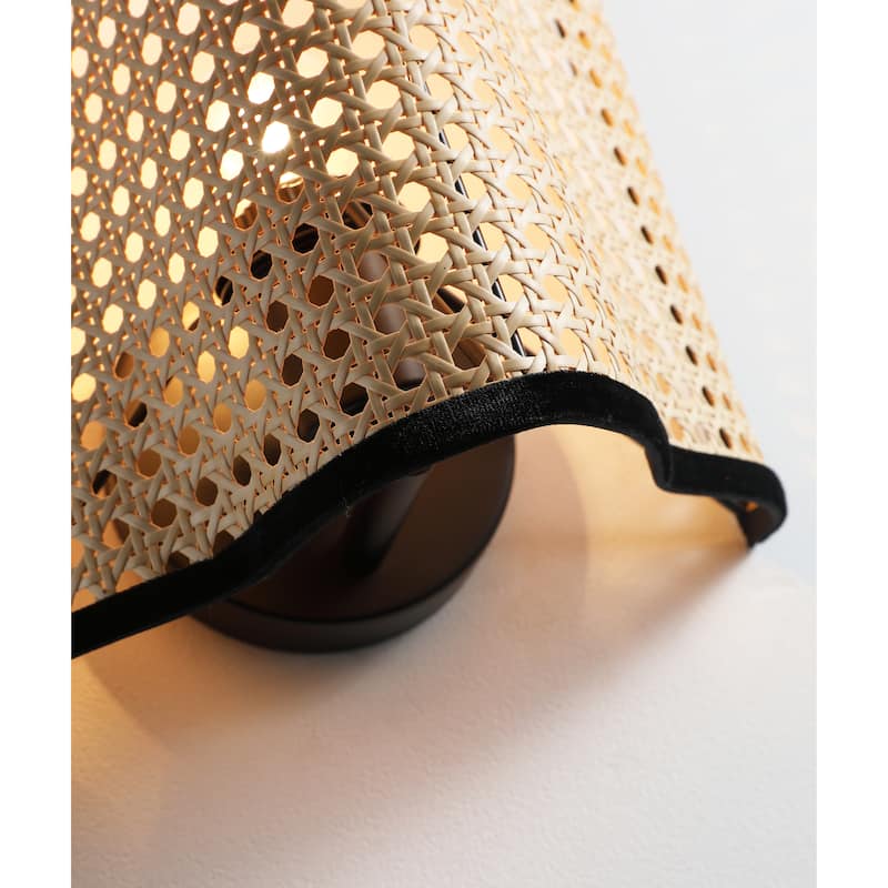 VidaLite Mid Century Bohemian Wall Scounce with PVC Rattan and Velvet Shade
