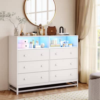 6-Drawer Double Dresser for Bedroom, Wooden TV Stand with LED Lights & Power Outlet, Storage Cabinet for Closet