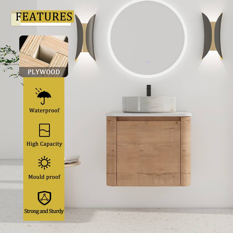24'' Wall-Mounted Bathroom Vanity With Ceramic Art Sink & 1-Soft-Close Door,KD-Packing, Plywood