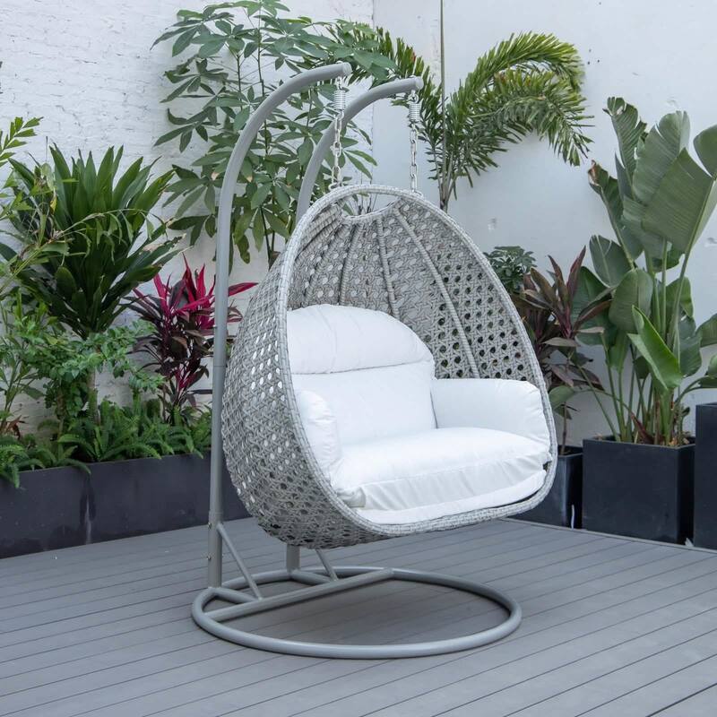 Mendoza 2-Person Hanging Egg Swing Chair with Iron Metal Stand Handcrafter Grey Wicker Hammocks for Outdoor Patio or Indoor Use