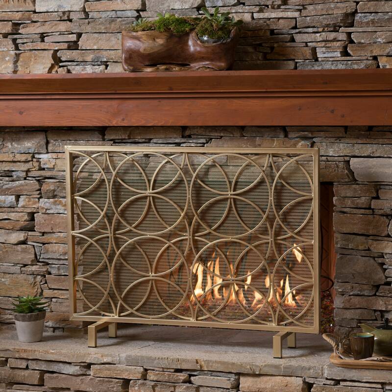 Anmytek Iron Fireplace Screen with Overlapping Circle Design - Gold