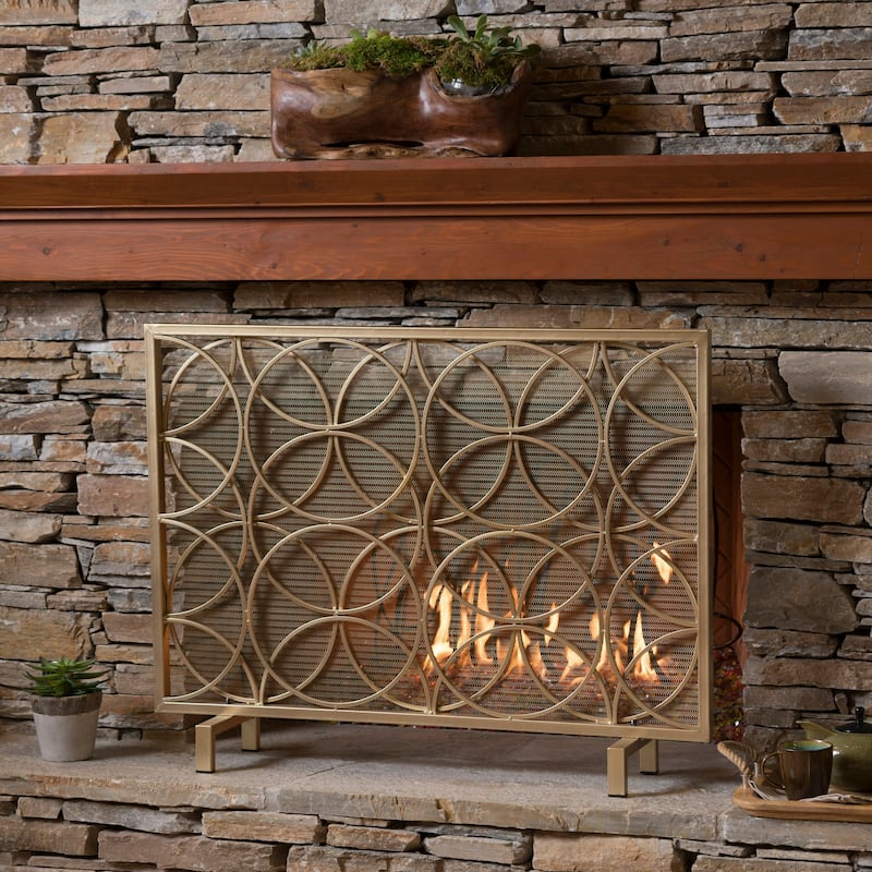 Modern Iron Fireplace Screen with Overlapping Circle Design - Gold