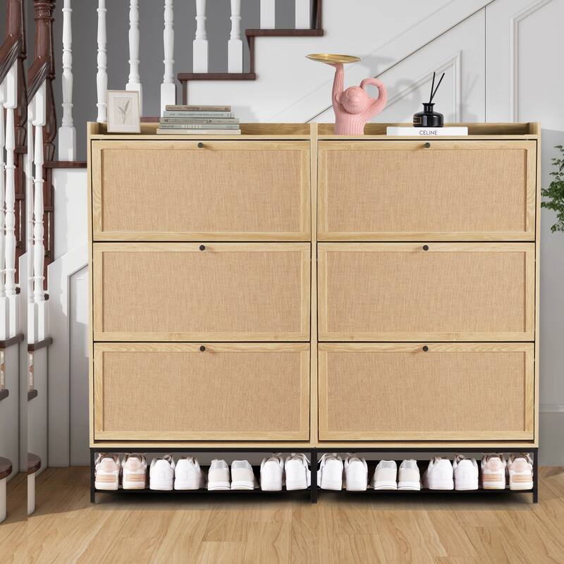 Wooden Shoe Storage Cabinet with triple-tier flip-up drawer