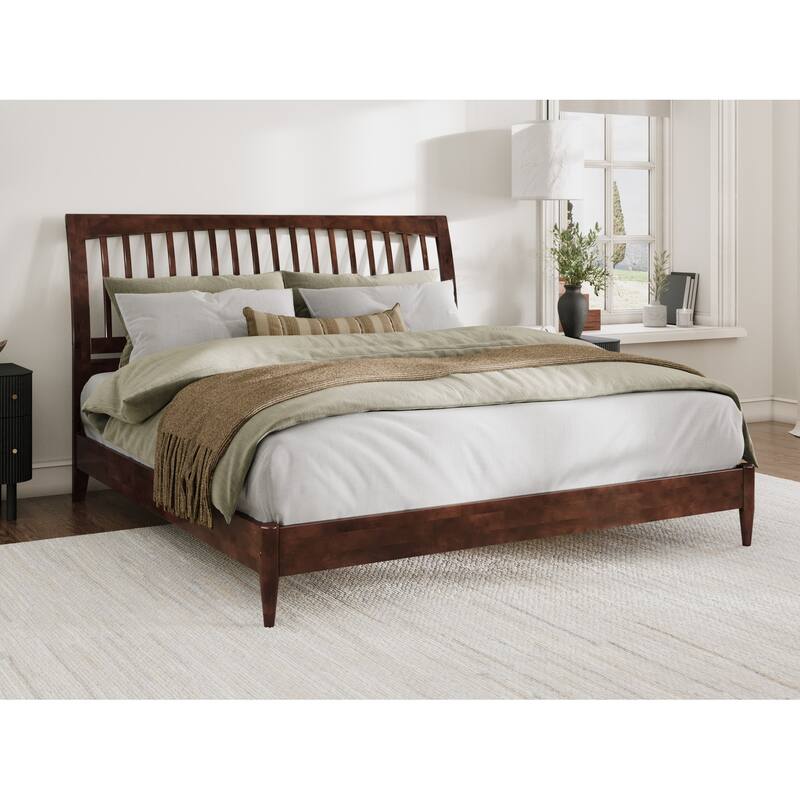 King Size Wood Sleigh Bed - Low Profile Platform Bed Frame - Solid Wood Bed - Walnut Finish