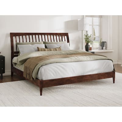 King Size Wood Sleigh Bed - Low Profile Platform Bed Frame - Solid Wood Bed - Walnut Finish