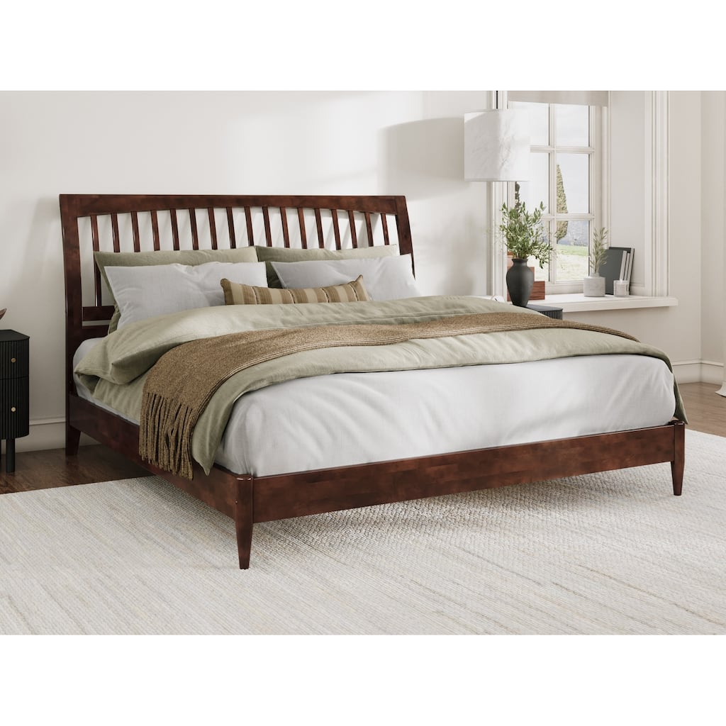 King Size Wood Sleigh Bed - Low Profile Platform Bed Frame - Solid Wood Bed - Walnut Finish