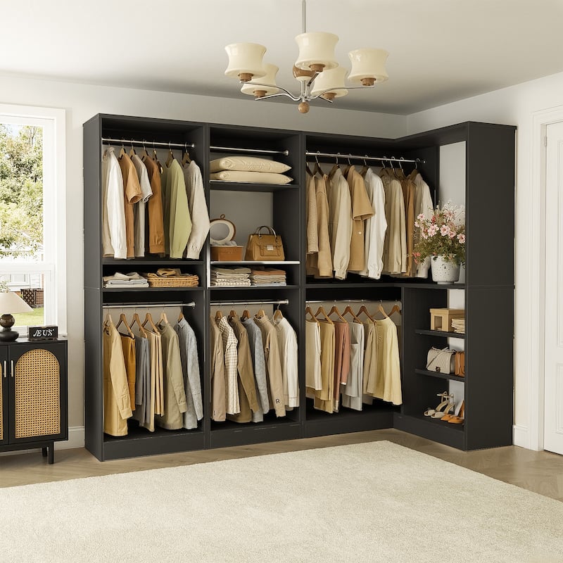 Cimly Set of 3 Closet System with Hanging Rods, Corner Closet Organizer with Adjustable Storage Shelves - Black