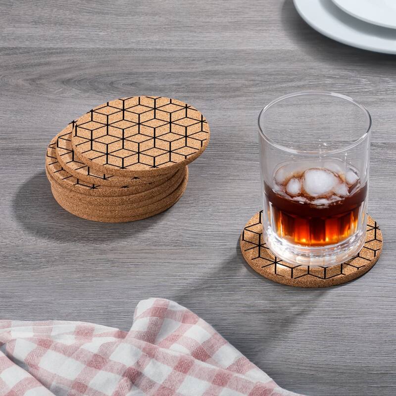 Geometric Cubes 4 Pack Absorbent Cork Coaster Made in The USA 4" Round