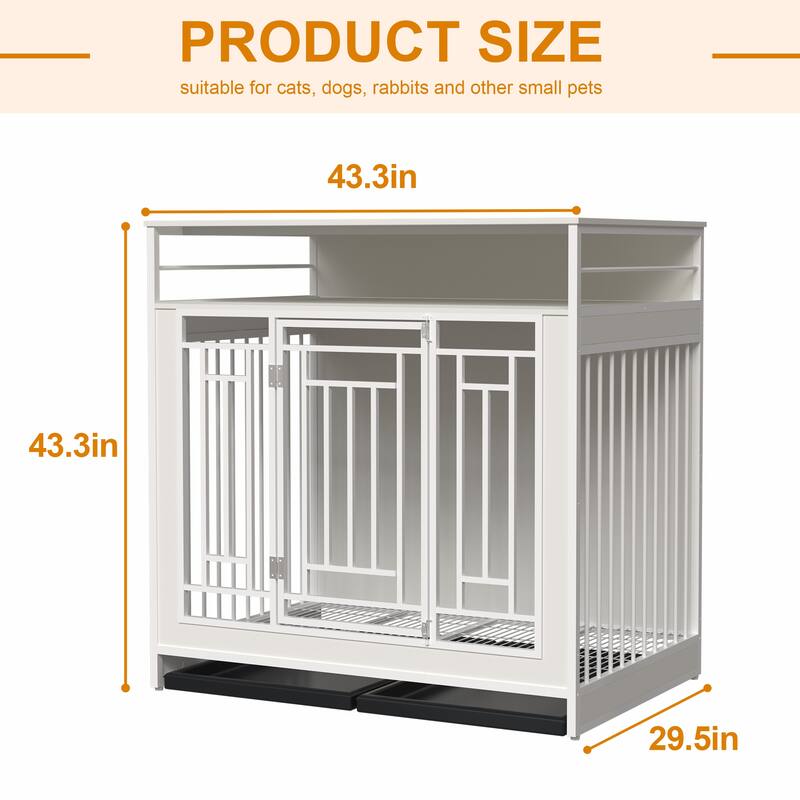 43.3" Dog Crate Furniture for Large Dogs, Wooden Dog Crate with Divider, 2 Door Dog Kennel with 3 Drawers Storage