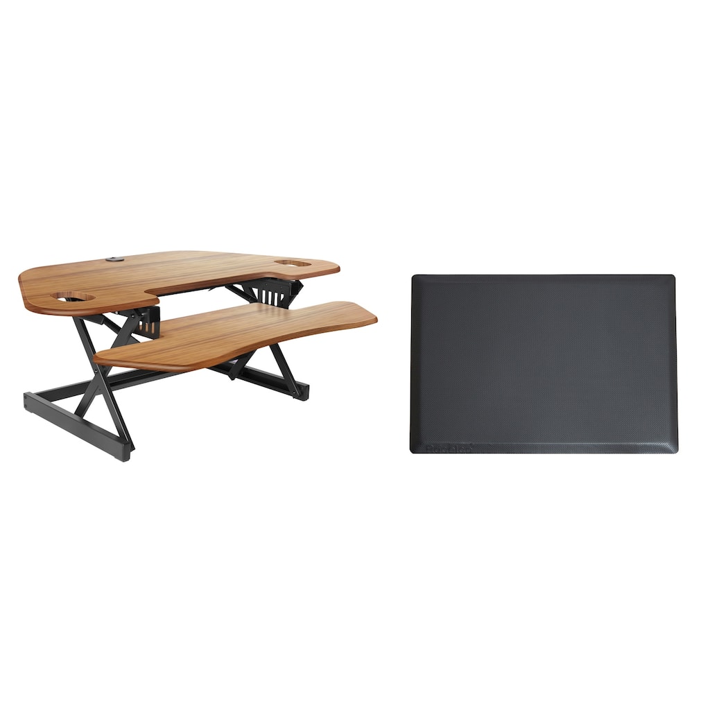 Rocelco 46 in. W Beige Height Adjustable Corner Standing Desk Converter with Anti Fatigue Mat and Dual Monitor Platform