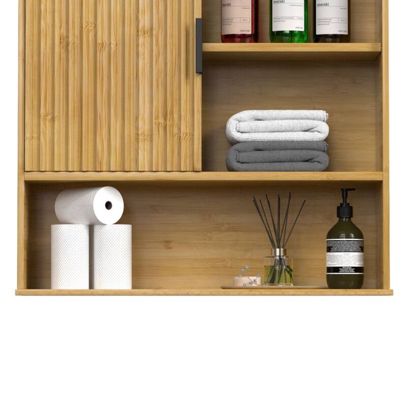 VEIKOUS Bamboo Wall Mounted Cabinet, Over Toilet Bathroom Organizer with Sliding Doors