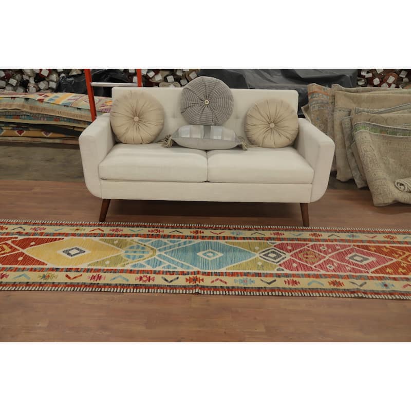Hand Woven Oriental 100% Wool Carpet Southwestern Tribal Multi-Colored Kilim Runner Rug - 11' 8'' X 2' 8''