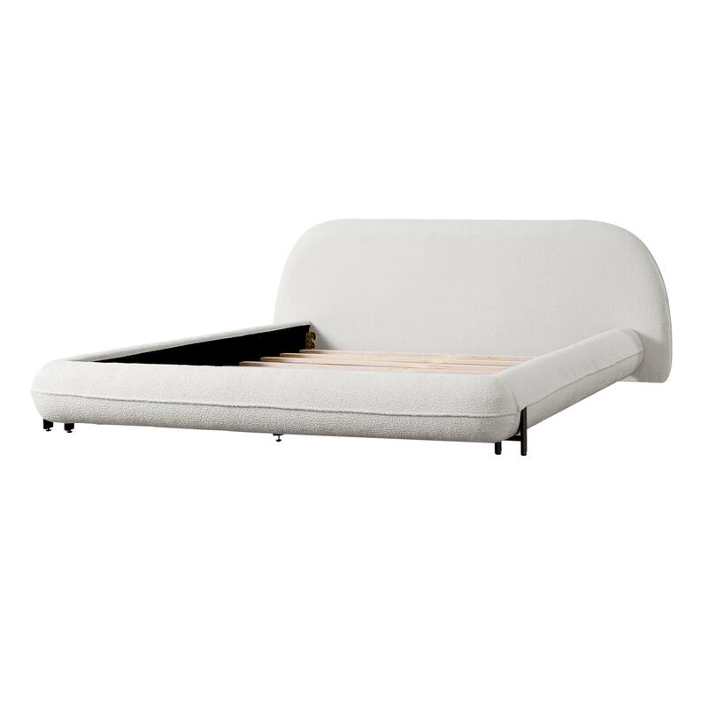 White Queen Size Upholstered Bed Frame with Boucle Fabric and Sturdy Steel Legs