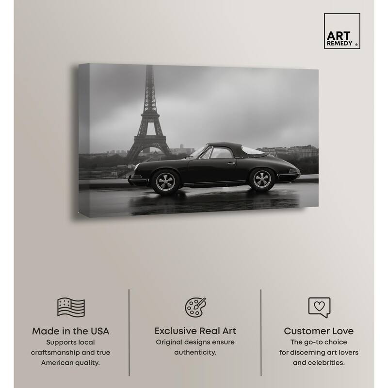 Classic Car and Eiffel Noir Canvas by Art Remedy, Gallery Wrapped
