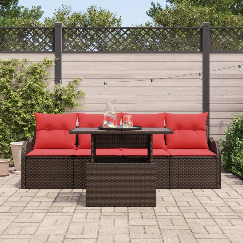 vidaXL 5 Garden Sofa Set with Cushions Black/Brown/Grey Poly Rattan - 90.9 x 24.4 x 27.2