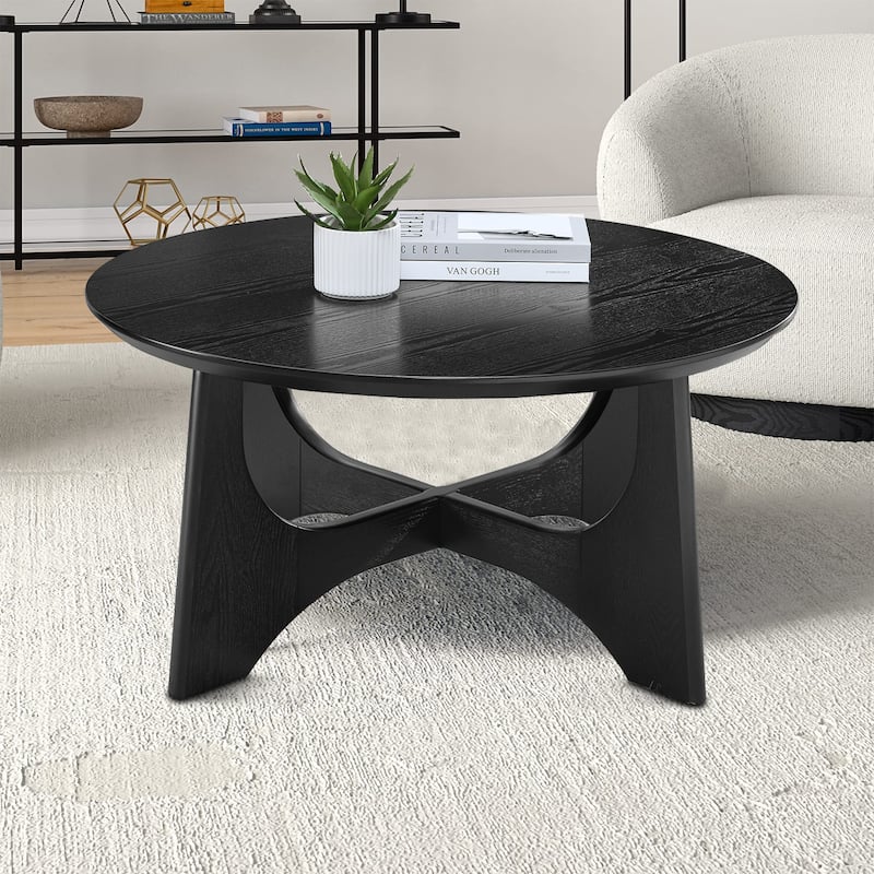 Contemporary Stylish Wooden Round Coffee Table With Eye-Catching Crossover Table Legs - Black