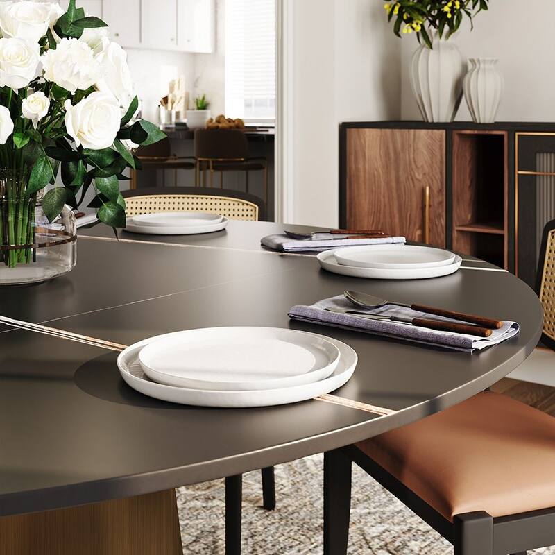 Modern Round White Dining Table，Sintered Stone Tabletop, Solid Black Carbon Steel Base