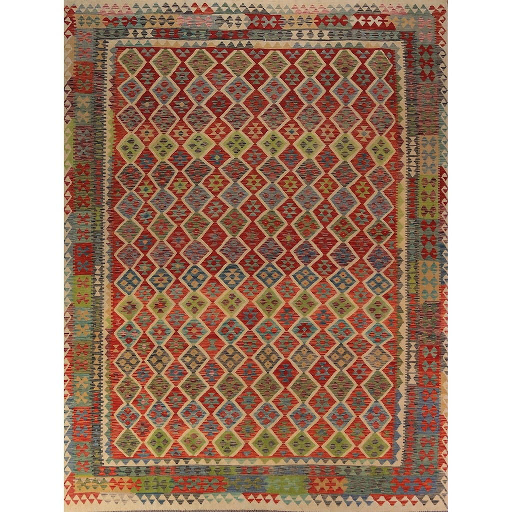 All-Over Trellis Kilim Oriental Area Rug Wool Carpet - 9'8"x 12'10"