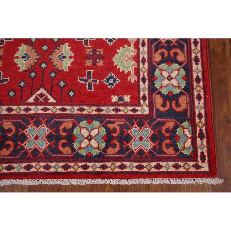 Geometric Red Kazak Oriental Foyer Rug Hand-Knotted Wool Carpet - 3'3" x 4'9"
