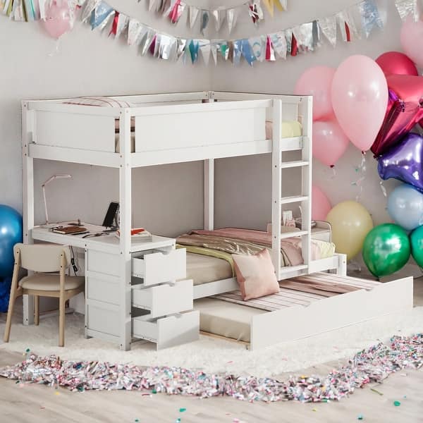 slide 2 of 17, Modren Twin over Twin Bunk Bed With Twin size Trundle,Storage And Desk,Solid Construction for Bedroom White