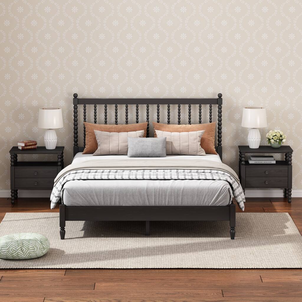 Queen Size Platform Bed with Gourd Shaped Headboard and 2 Nightstands