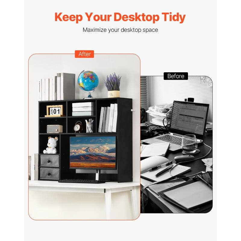Particle Board Desktop Bookshelf Hutch, 3-Shelf Organizer and Office Storage Rack - 37.0" L x 10.0" W x 31.1" H