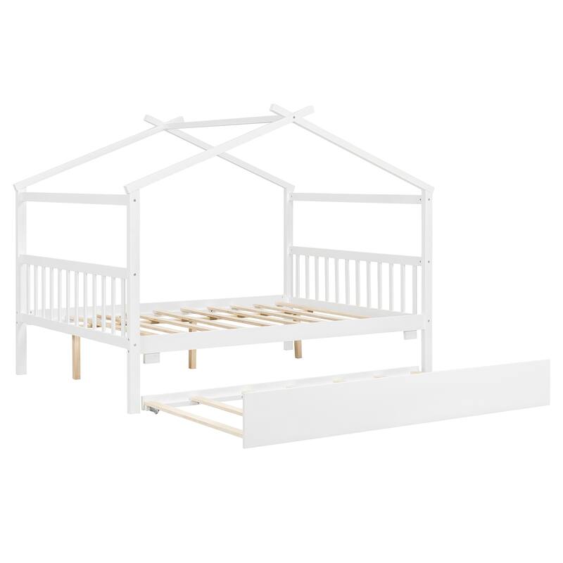 Kids Full Size House Bed with Pull-Out Trundle and Headboards Durable Pine Construction