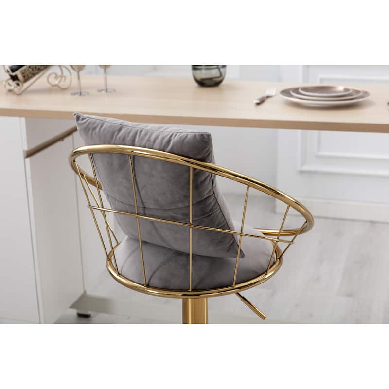 velvet bar chair,pure gold plated,unique design,360 degree rotation,adjustable height,Suitable for dinning room and bar,set of 2